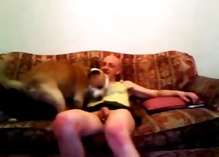 Bald dude drilling that sexy animal on the sofa