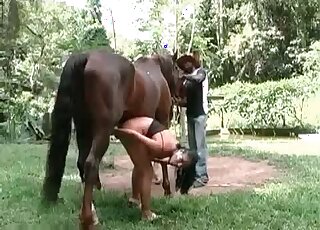 Horse is having fun with a farmer and his wife