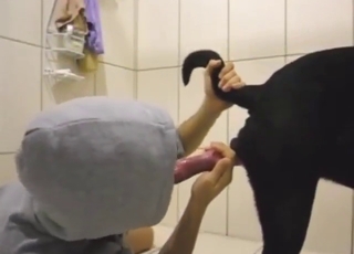 Hoodie-wearing fucker puts dog dick in that mouth