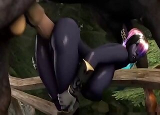 Playful 3D model penetrated by a massive horse penis