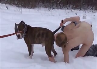 Cute babe swallows a load of dog cum on the snow